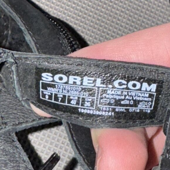 Sorel Gladiator Sandals Ella Black Leather Strappy Heel Zip Snakeskin Size 9 - Picture 9 of 9